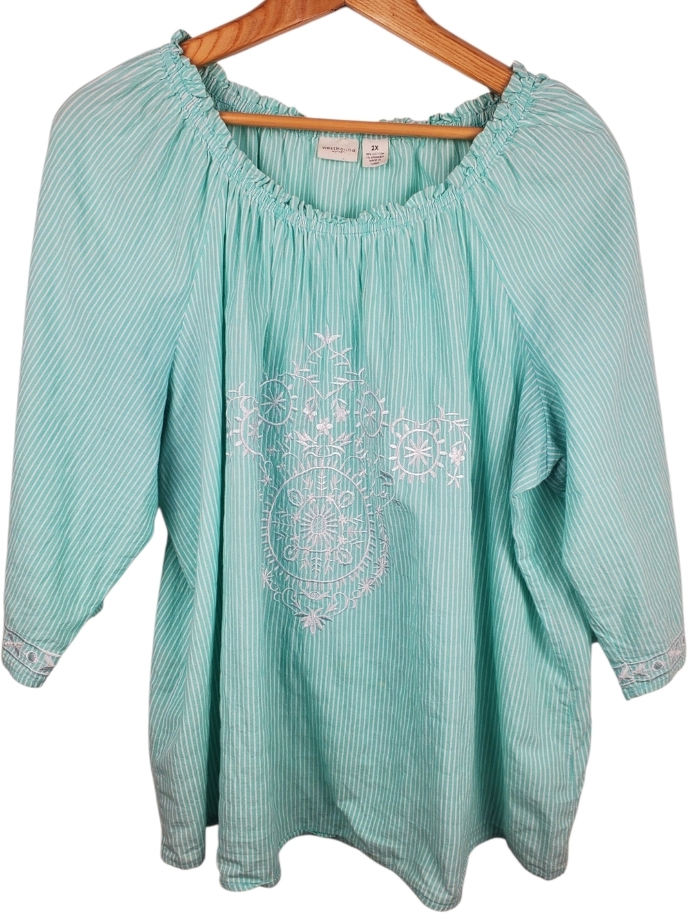 Westbound 2X Mint Green & White Striped Embroidered Boho Peasant Blouse. #287